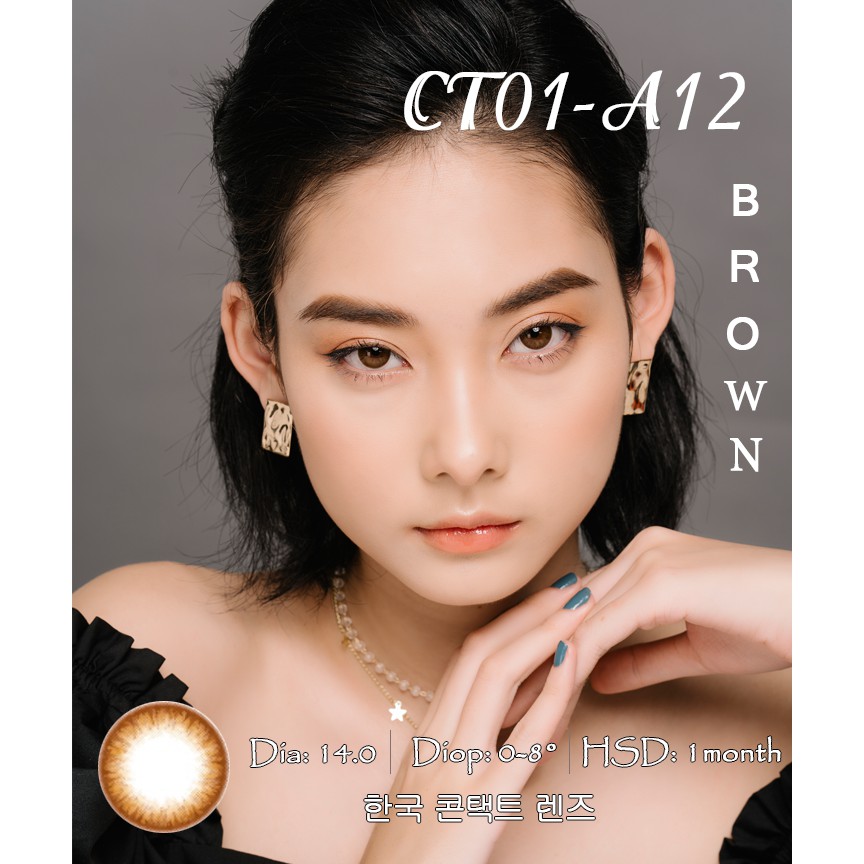 Kính áp tròng Hàn Quốc nâu tự nhiên CT01-A12 BROWN, độ cận 0-6, hsd 1 tháng, giãn tròng 14.0.