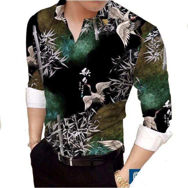 Áo Sơ Mi Nam Dài Tay Phối Họa Tiết Cò Trúc Đen