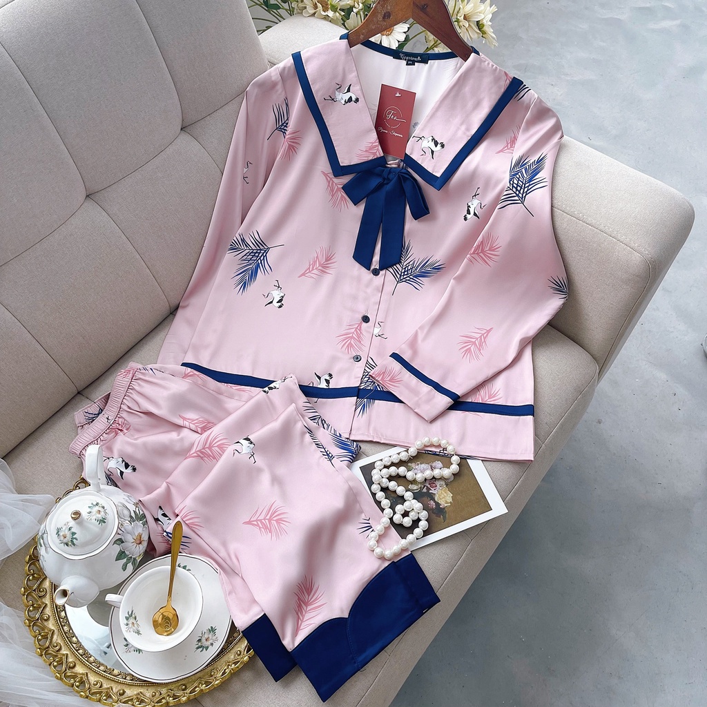 Bộ Mặc Nhà Pyjama Lụa Cao Cấp Tea Store Tay Dài Quần Dài Họa Tiết Nơ Cổ Xinh Xăn