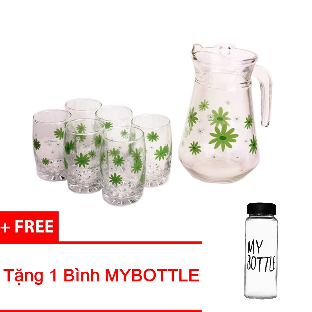 Bộ bình ly thủy tinh 7 món cao cấp màu ngẫu nhiên ( tặng kèm bình nước MYBOTTLE )