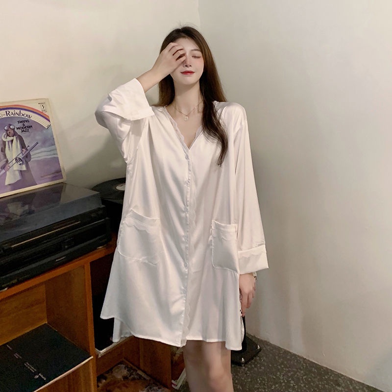 Đồ ngủ nữ mỏng kích thước lớn vải chiffon phối ren kiểu sơ mi trắng gợi cảm thích hợp cho mùa xuân và mùa thu