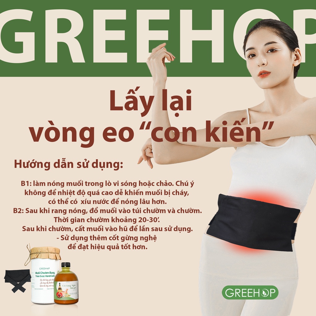 Muối chườm bụng sau sinh, đai chườm giảm eo GREEHOP (tặng kèm dây đo) handmade.