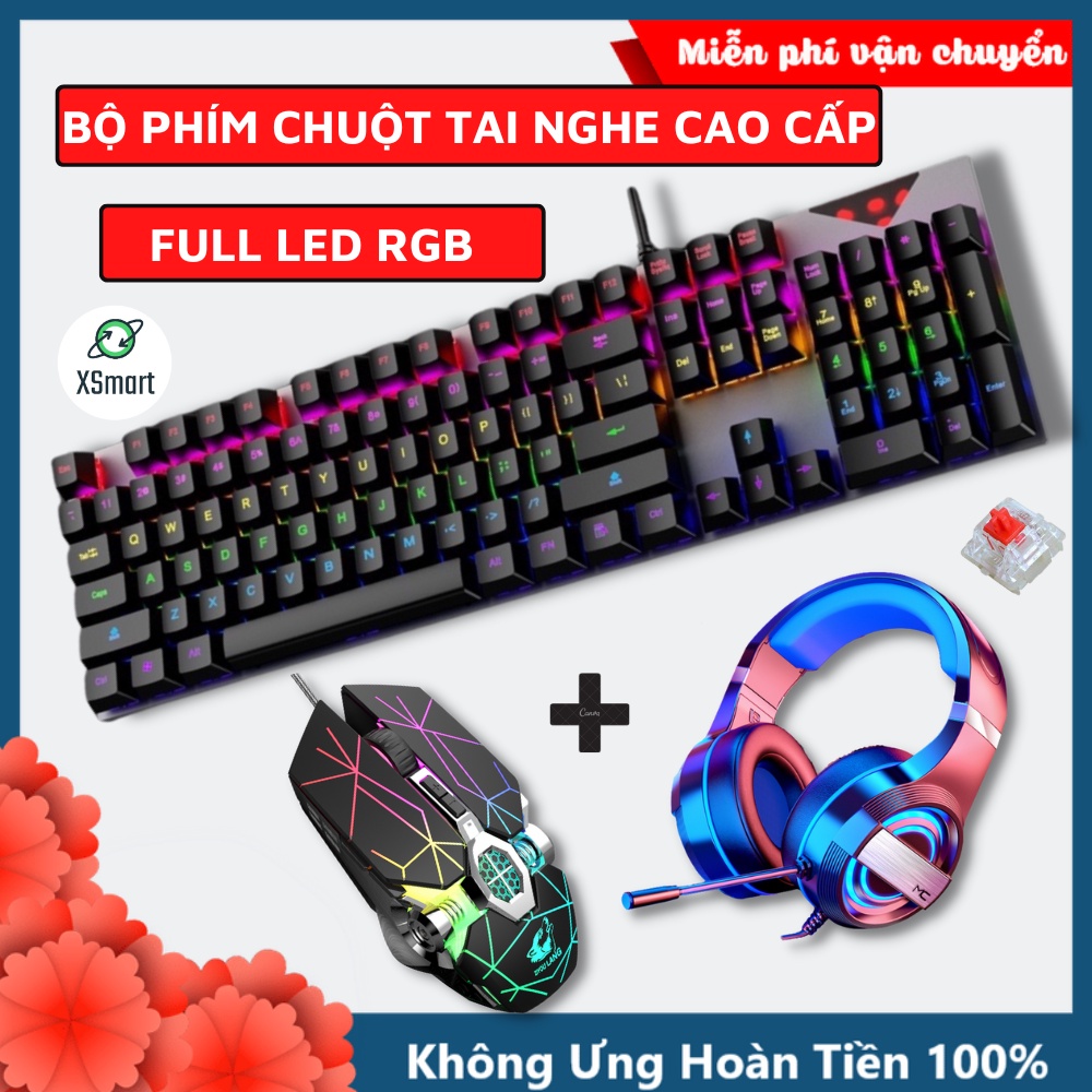 Combo Bàn Phím Cơ Và Chuột Tai Nghe Máy Tính Gaming Cao Cấp 2023 Full Led Rgb, Phím Chuẩn Cơ Red Switch K1+V8+Q9
