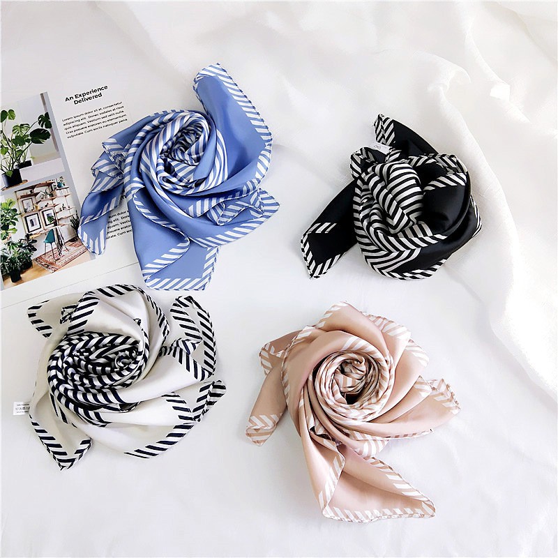 Khăn Bandana Quấn Làm Áo BLACKPINK - Khăn Turban Lụa Vuông Quàng Cổ Nữ Đẹp Họa Tiết Sọc Màu Xanh, Trắng, Đen, Nâu, Xám