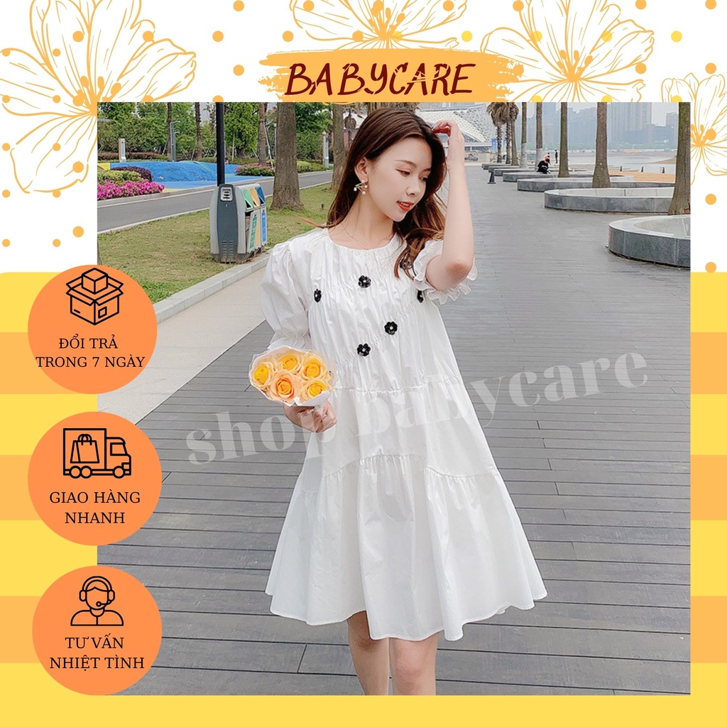VÁY BẦU DỰ TIỆC DÁNG XUÔNG-ĐẦM BẦU ĐẸP MÀU TRẮNG PHỐI HOA NHÍ XINH XẮN