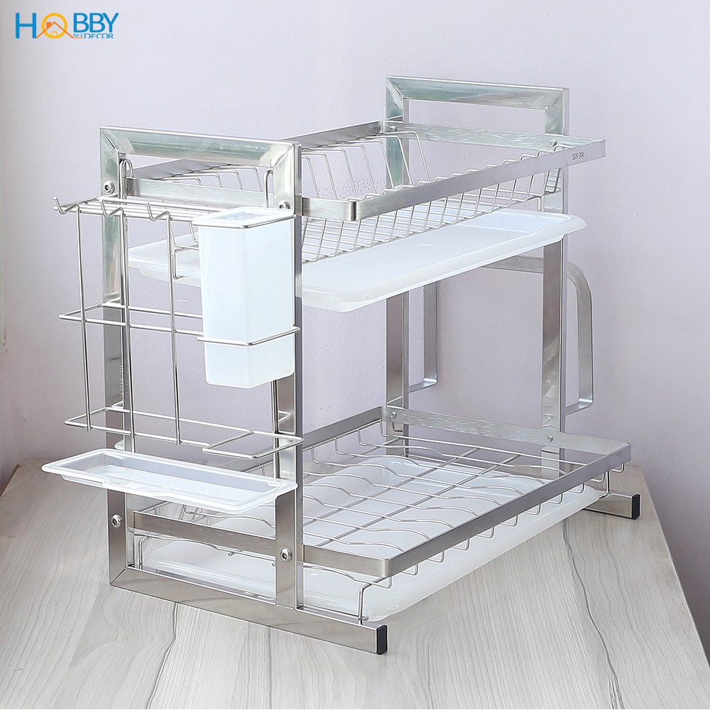 Kệ chén 2 tầng HOBBY Home Decor KC2T Inox 304 đa năng cao cấp - có khay hứng nước, ống đũa, giá treo thớt