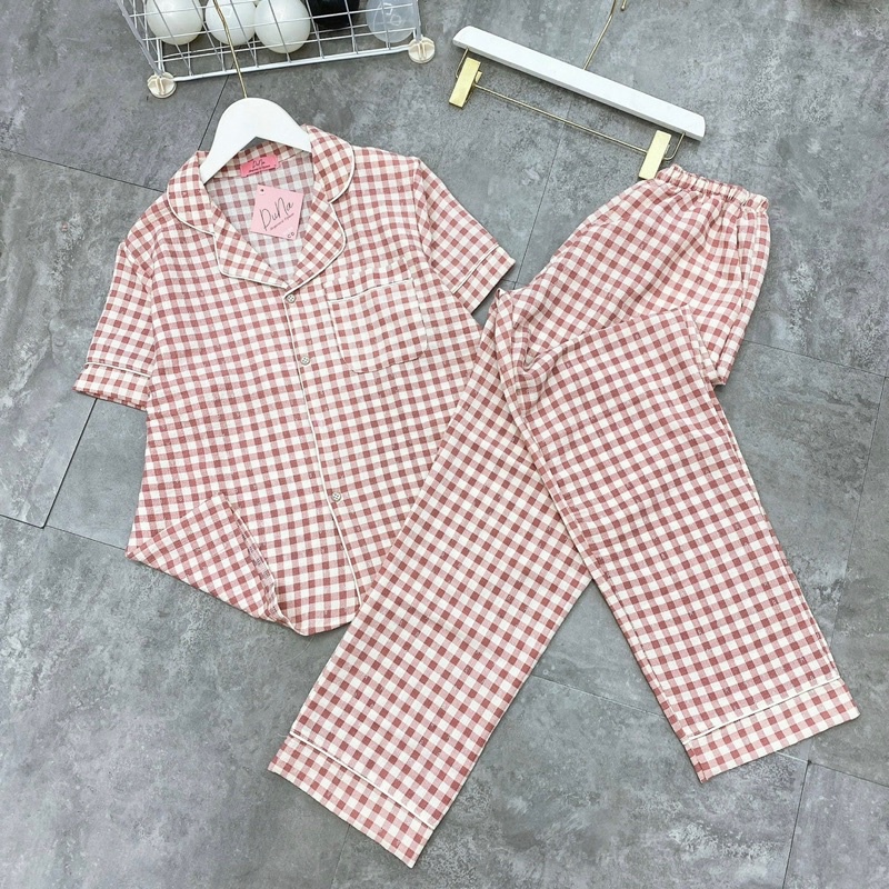 Bộ pijama hoạ tiết kẻ ô ziczac chất đũi xốp áo cộc quần dài mặc nhà nữ hàng thiết kế cao cấp