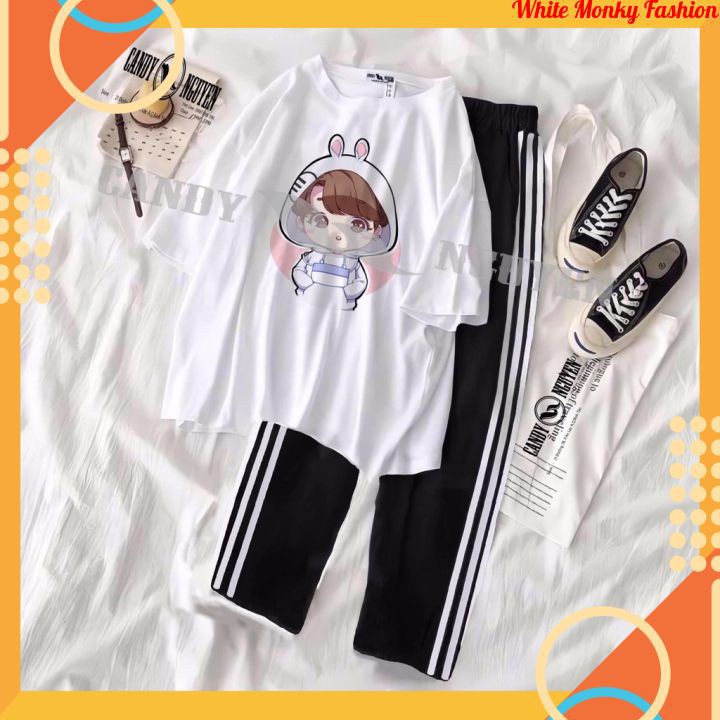 Sét Bộ Đồ Nữ Mùa Hè Mặc Đi Chơi,Đi Học, Áo Phông Nữ Cotton Mát Mịn In Bé Thỏ Xinh Mix Quần Thun Sọc Phong Cách Teen
