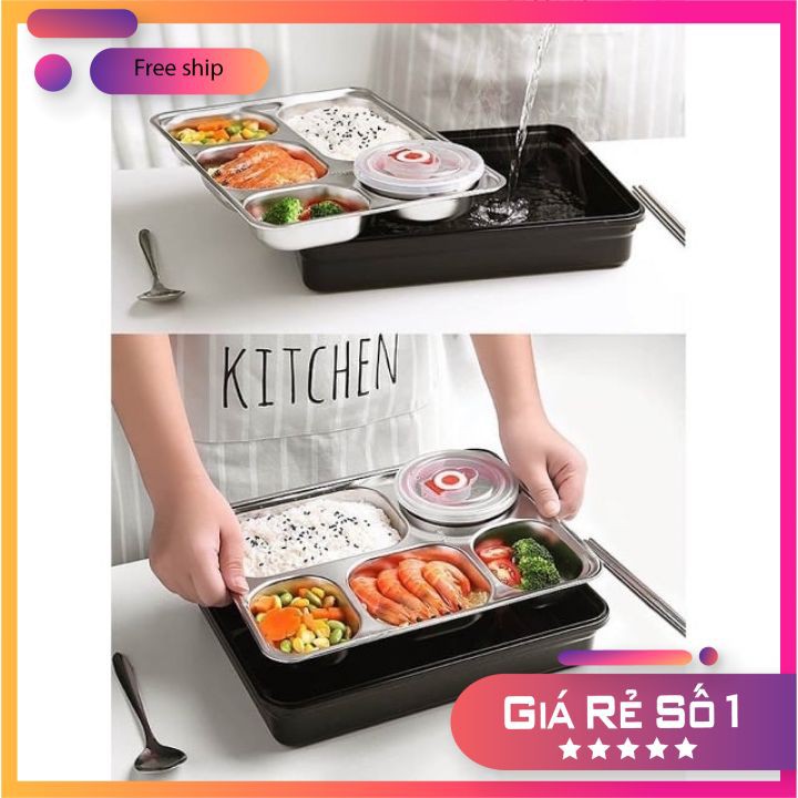 Hộp cơm 5 ngăn inox 304 Có Nắp Đậy tặng kèm bộ muỗng đũa inox siêu tiện lợi | BigBuy360 - bigbuy360.vn