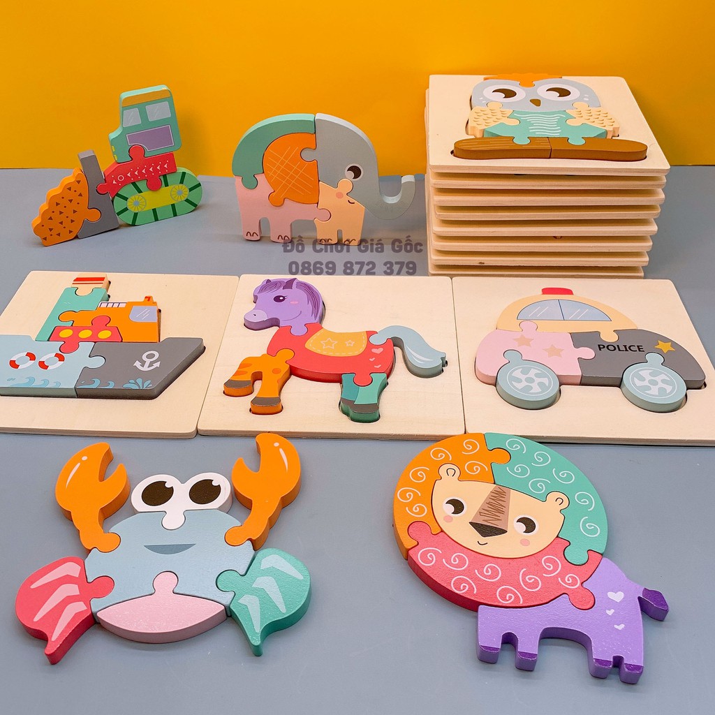 Tranh ghép hình 3D bằng gỗ có in hình nhiều mẫu ngộ nghĩnh phát triển trí tuệ, giáo dục sớm cho bé