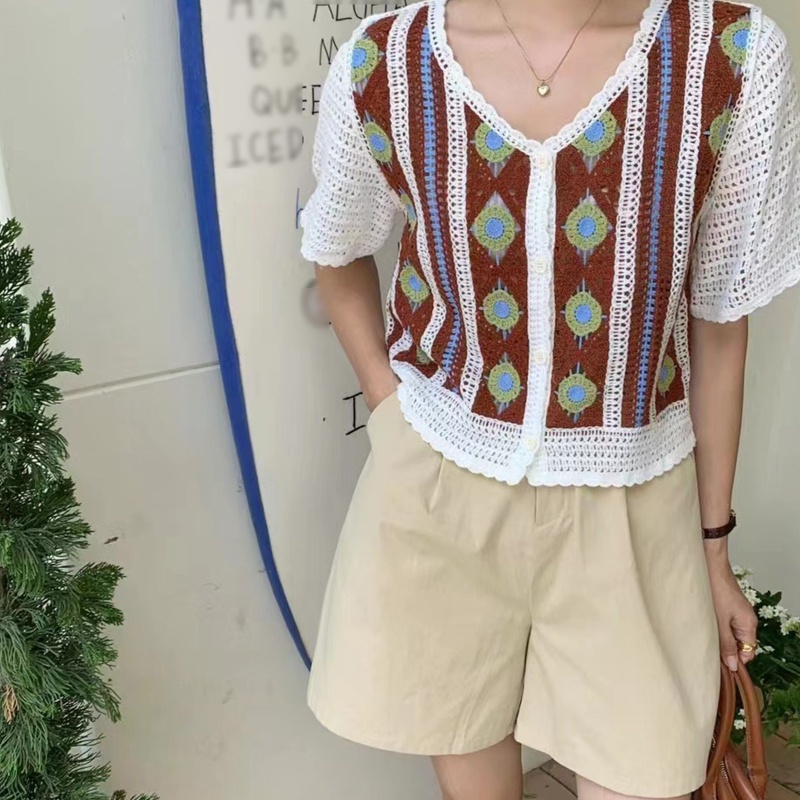 Áo Khoác Cardigan Dệt Kim Tay Ngắn Cổ Chữ V Phối Nút Họa Tiết Sọc Caro Phong Cách Pháp Cho Nữ