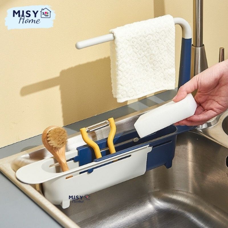 Giá để giẻ rửa bát có treo khăn Kệ gác bồn để đồ rửa chén Misy Home bằng nhựa có thể kéo dài co giãn thông minh