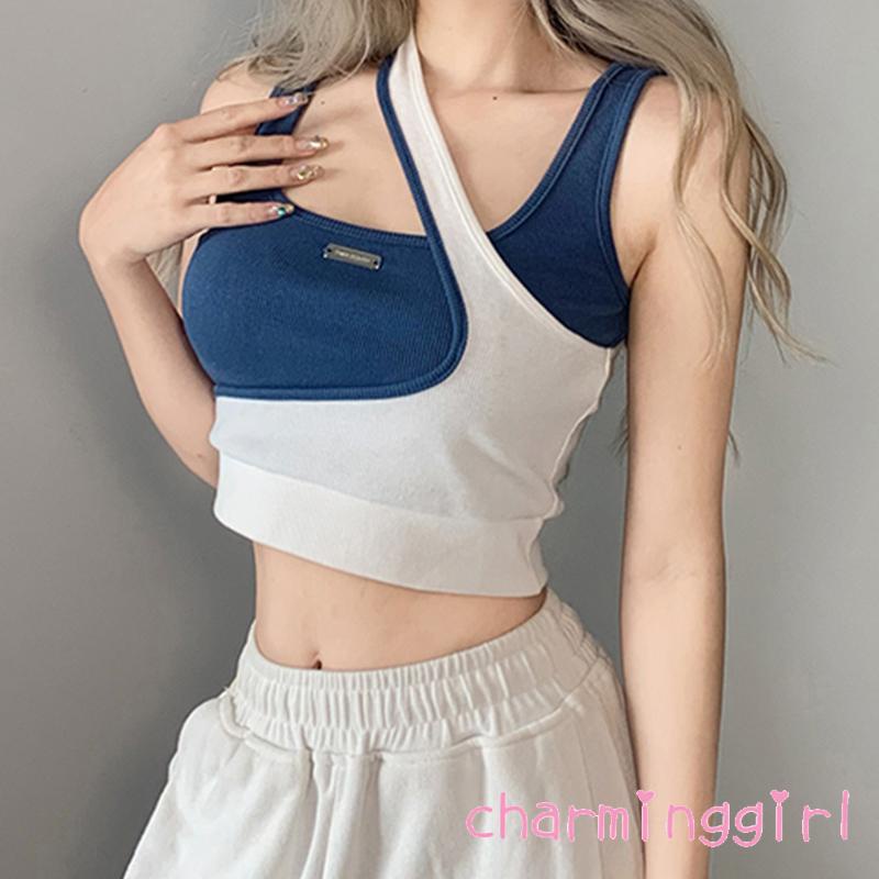 Áo Không Tay Giả Hai Lớp Màu Sắc Tương Phản Thời Trang Đường Phố Cho Nữ