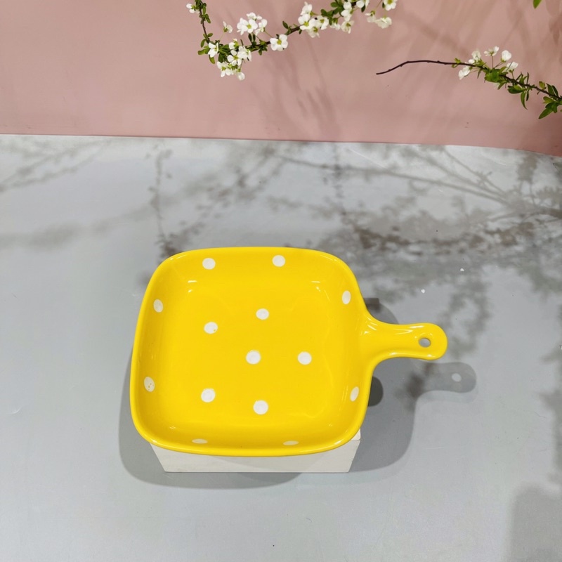 Bộ bát đĩa sứ chấm bi decor chảo có tay cầm siêu đẹp