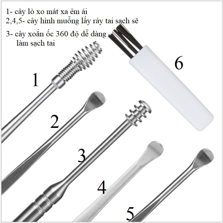 [Mã COSDAY -50K đơn 150K] Bộ dụng cụ ngoáy tai inox 6 món - Bộ lấy ráy tai thép không rỉ 6 món