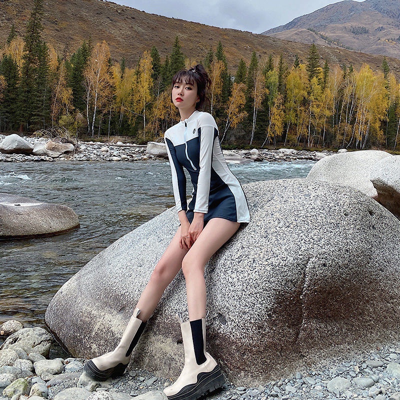 Bộ Đồ Bơi Một Mảnh Áo Tay Dài + Quần Short Có Khóa Kéo Thời Trang Đi Biển Cho Nữ