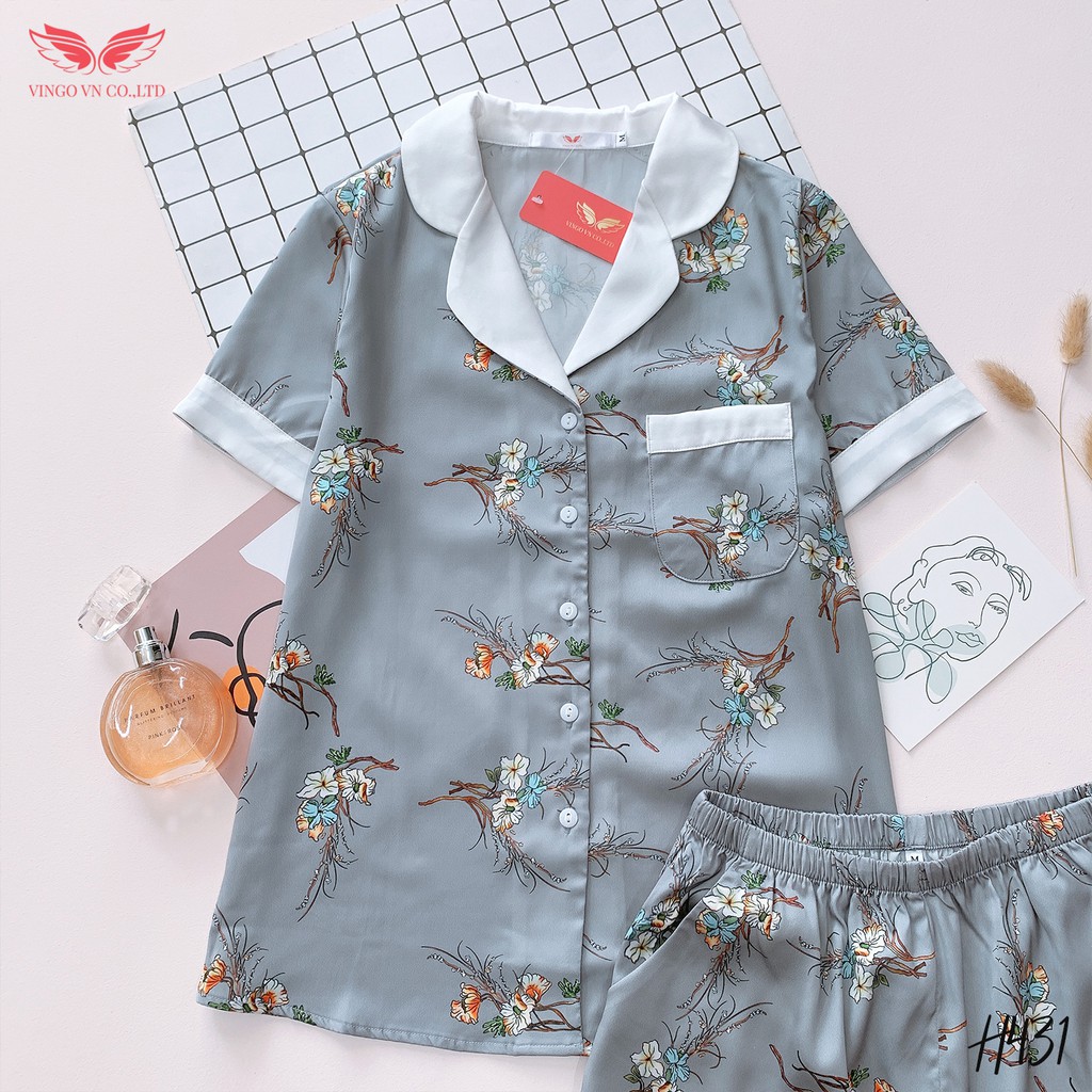 Bộ đồ nữ mặc nhà Pijama VINGO lụa Pháp mềm mát tay cộc quần cộc họa tiết cành hoa trẻ trung mùa hè H431 VNGO - TCQC