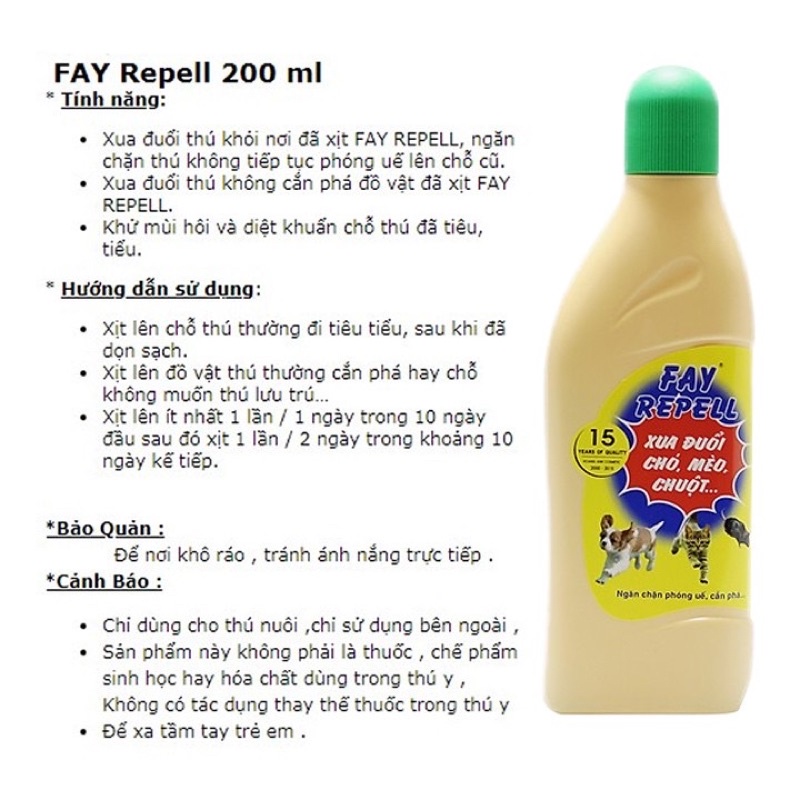 FAY REPELL 200ML “DẠY CHÓ MÈO ĐI VỆ SINH , CHỐNG CẮN PHÁ ĐỒ VẬT” XUA ĐUỔI CHÓ MÈO 200ML
