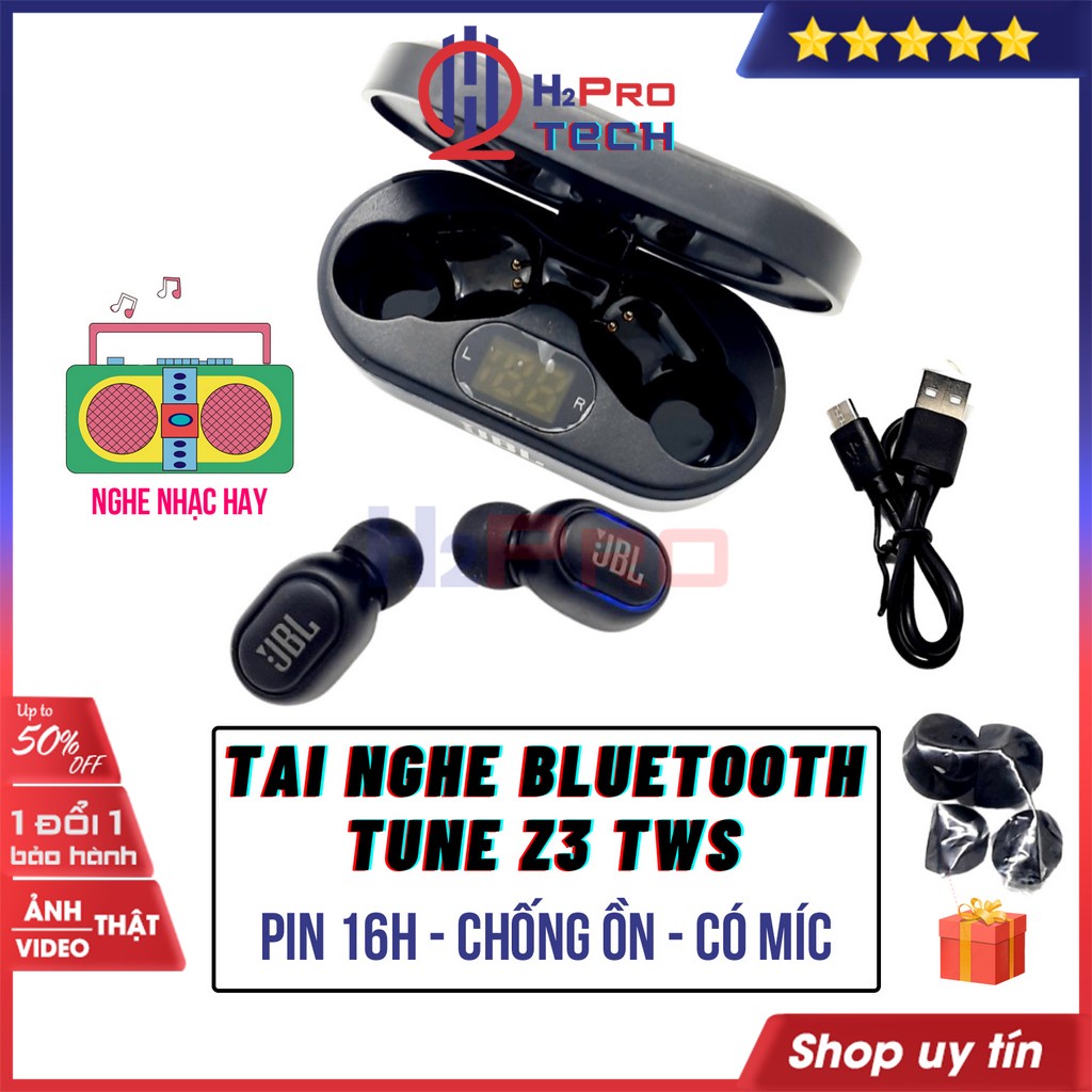 Tai Nghe Bluetooth, Tai Nghe Không Dây Tune Z3 TWS Chống Ồn-Pin Trâu 16h-Có Mic-Nhạc Hay (Tặng 4 Nút Tai)-H2pro Tech