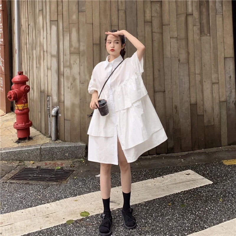 ĐẦM SƠ MI ULZZANG FORM RỘNG, THIẾT KẾ TẦNG CỰC CHẤT