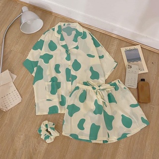 Bộ pizama bò sữa - bộ pizama kèm scrunchies- set bộ ngủ cute