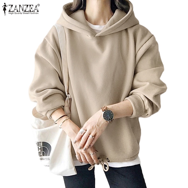 Áo hoodie Zanzea màu trơn cổ chữ O dây rút giữ ấm thời trang đường phố cho nữ（Phần mỏng）
