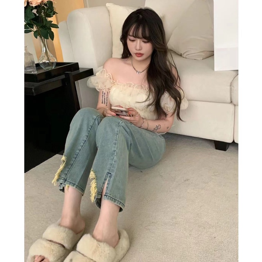 Quần jeans Nữ Lưng Cao Xẻ Tà Cá Tính