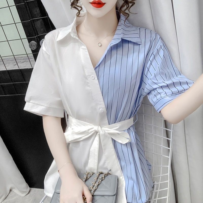Áo Sơ Mi chiffon Tay Ngắn Phối Ren Họa Tiết Kẻ Sọc Thời Trang Mùa Hè 2022 Mới Cho Nữ