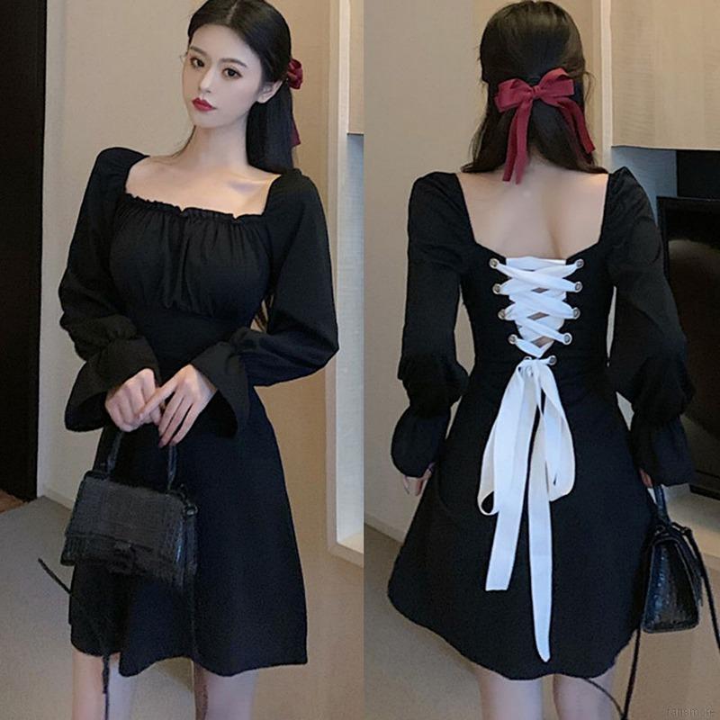 Đầm Tay Dài Cổ Vuông Thiết Kế Hở Lưng Quyến Rũ Cho Nữ