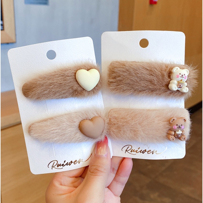 bộ combo set 2 chiếc cặp tóc lôngmàu vintage họa tiết xinh xắn dễ thương phong cách Hàn Quốc