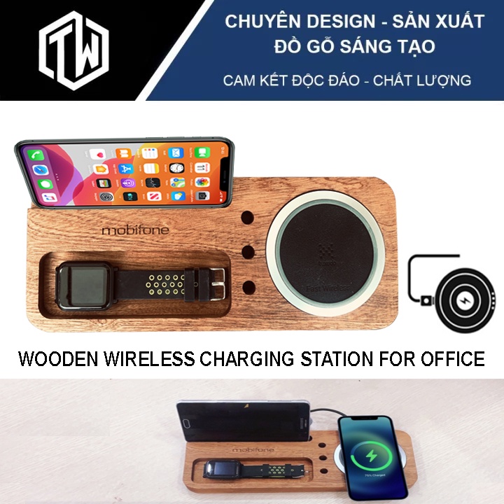 Đế sạc không dây bằng gỗ Kiêm kệ đựng đồ văn phòng cao cấp TiTi Wood TWC01