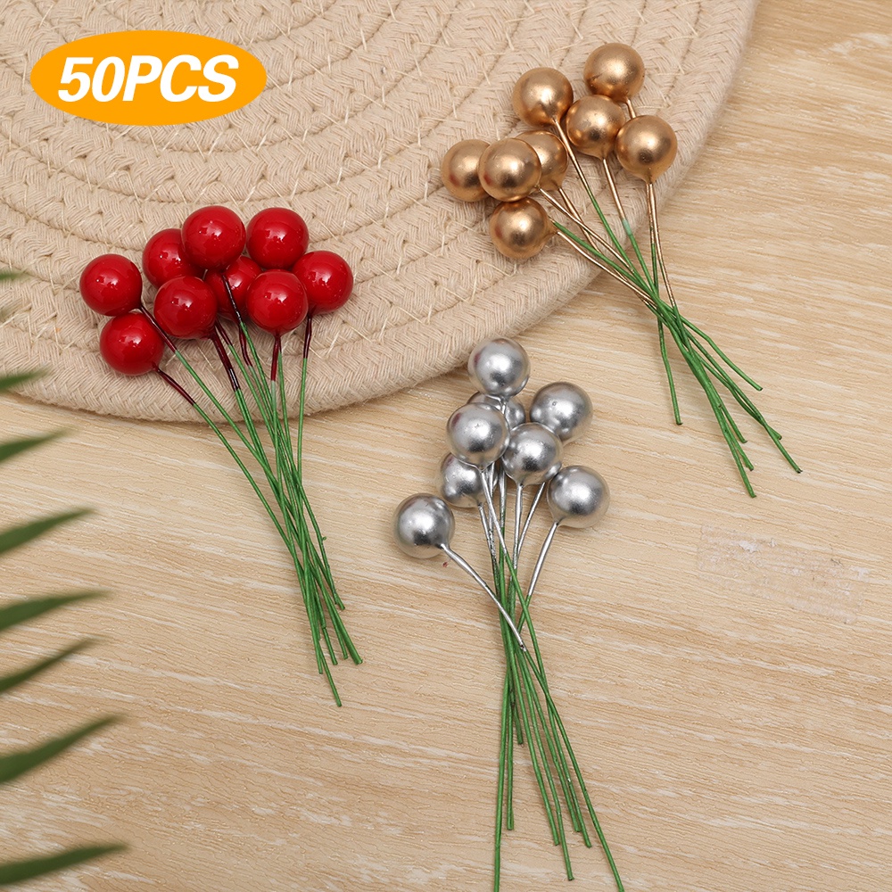 Set 50 Quả Cherry Nhân Tạo Mini Màu Đỏ / Vàng / Bạc Trang Trí Cây Thông Giáng Sinh DIY