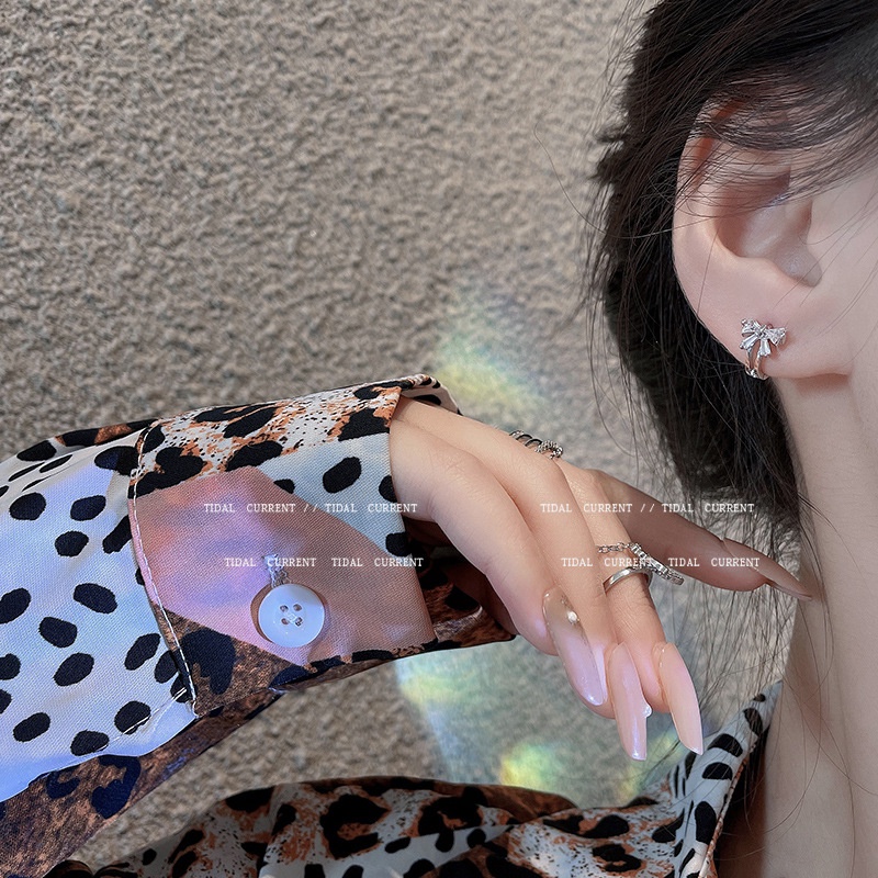 Khuyên Tai Đính Đá Zircon Hình Nơ Phong Cách Hàn Quốc Dành Cho Nữ
