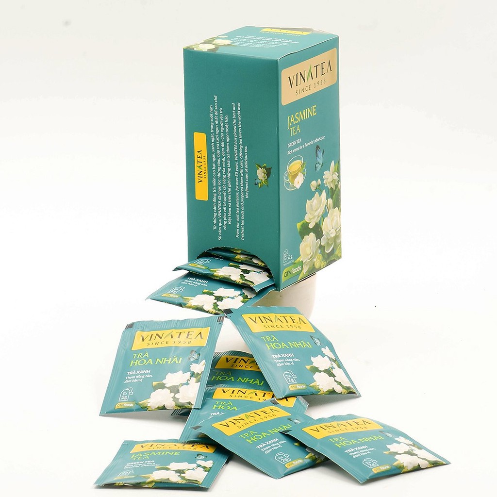 Trà Vinatea hoa nhài trà túi lọc hộp 50gram 25 gói thanh lọc cơ thể, thư giãn, giải độc gan.