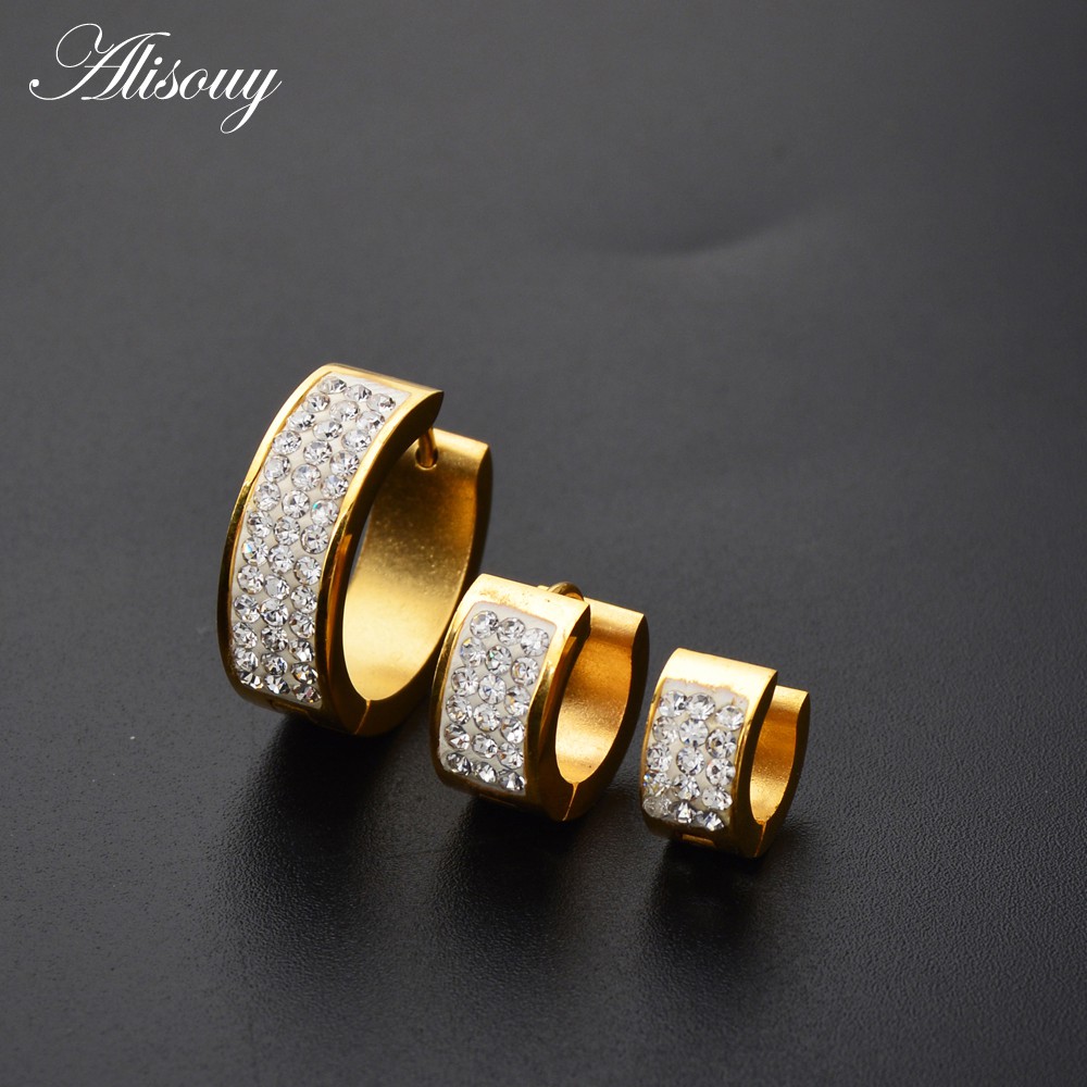 1 Đôi Bông Tai Tròn Bằng Thép Không Gỉ Đính Pha Lê Màu Vàng 6 * 7 6 * 9 6 * 16