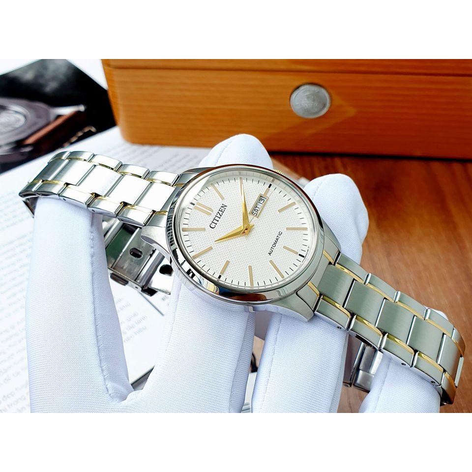 Đồng hồ Nam Citizen Automatic NH7524-55A Demi vàng,Mặt trắng,Lịch thứ ngày-Máy cơ tự động-Dây kim loại cao cấp-Size 40mm