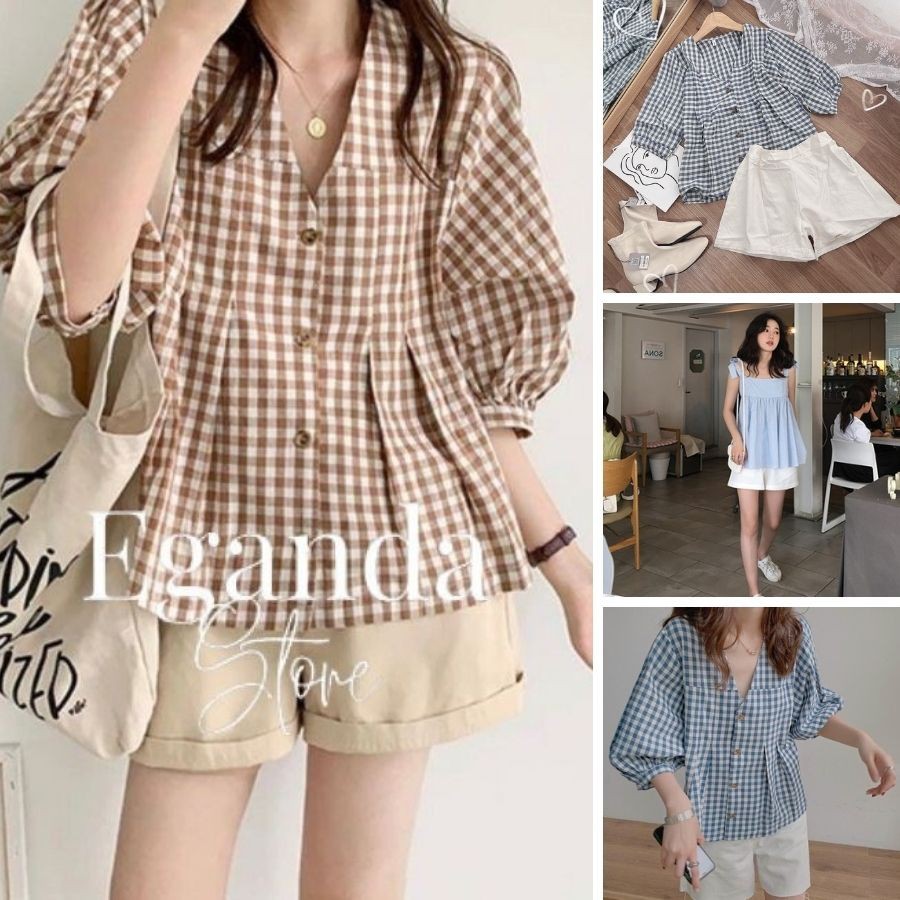 SET ĐỒ NỮ ÁO SƠ MI KẺ CARO TAY LỠ KÈM QUẦN ĐÙI ĐŨI BABYDOLL, SET ĐỒ NỮ SET ĐỒ NỮ ÁO SƠ MI KẺ CARO, QUẦN SHORT ĐŨI