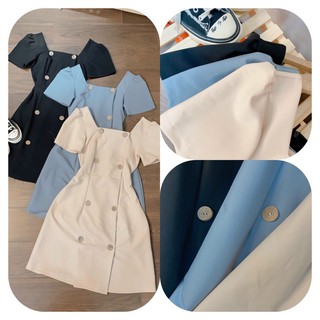 Đầm  Cổ Vuông ❤️FREESHIP❤️ Dáng Xòe Đính Nút Gỗ