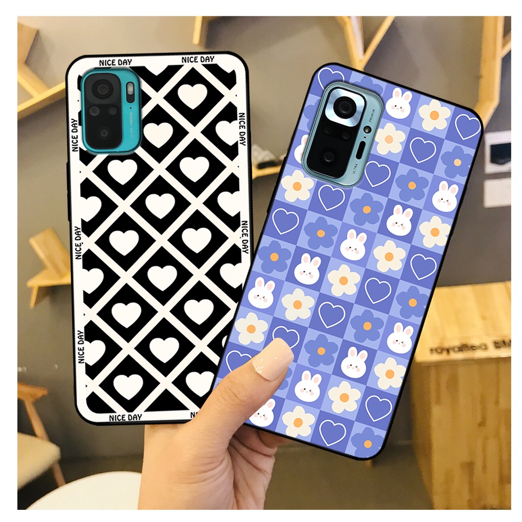 Ốp lưng Xiaomi Redmi Note 10- Note 10s - Note 10 Pro in hoạ tiết caro trái tim đen trắng, gấu bear cute đáng yêu