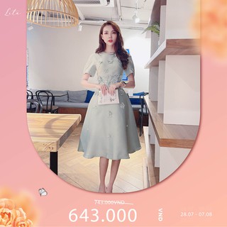 Váy công sở nữ Lita - Đầm dự tiệc lụa dáng xòe tay ngắn đính hoa ngọc sang trọng mã SKU: VCS02