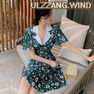 Đầm hoa xanh cổ ren tiểu thư sang trọng - u.w