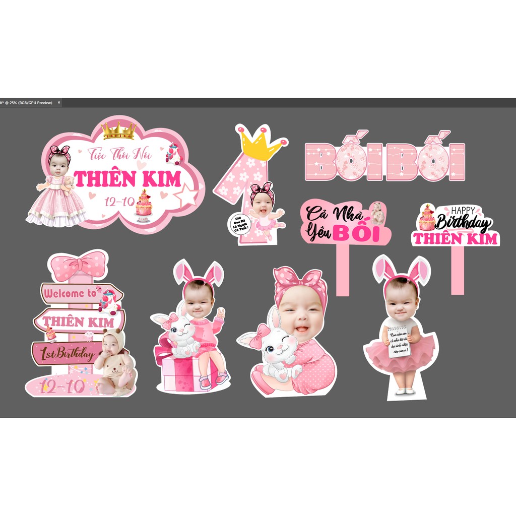 Combo hình chibi, bảng tên, welcome sinh nhật, trang trí bàn tiệc thiết kế riêng cho mỗi bé