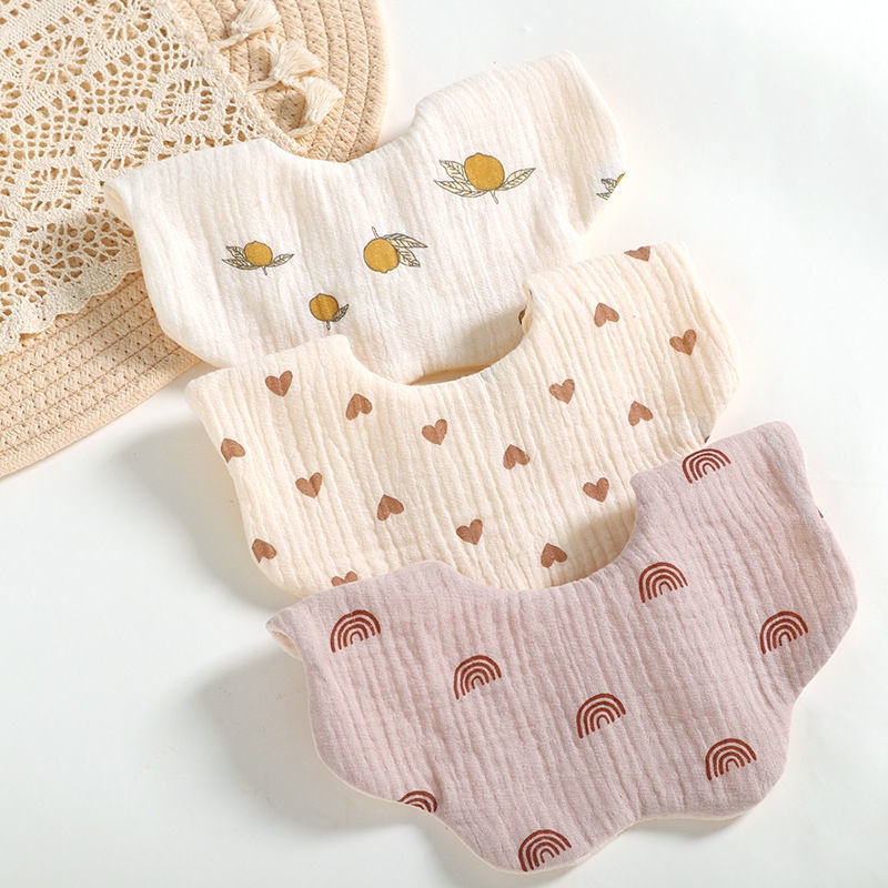 Yếm xô cổ tròn xoay 360 độ vải muslin cao cấp 6 lớp dày dặn thấm hút tốt họa tiết hoa/gấu vintage Hàn Quốc cho bé ăn dặm