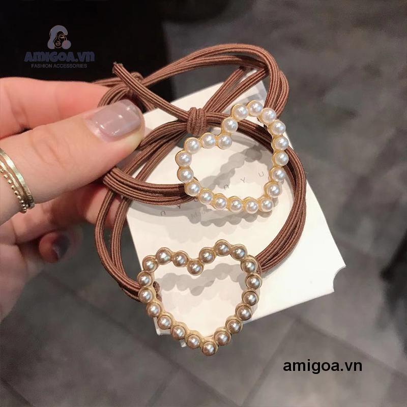 ✨✨Dây buộc tóc cao su đính ngọc trai hình trái tim phong cách Hàn Quốc