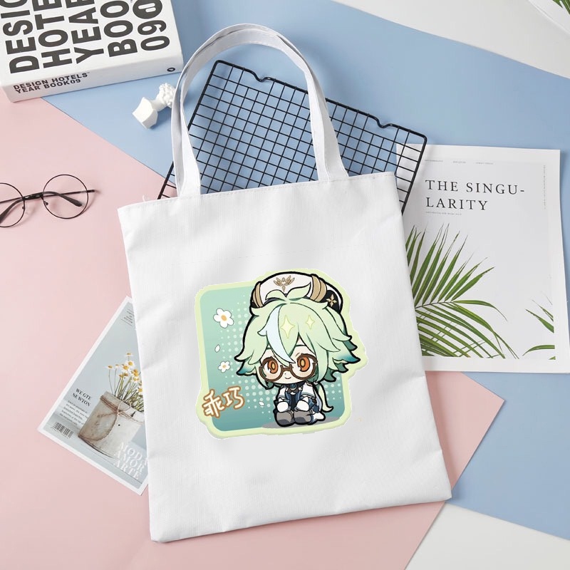 Túi tote vải trắng đeo vai in hình nhân vật GENSHIN IMPACT tiện lợi thời trang anime chibi M2