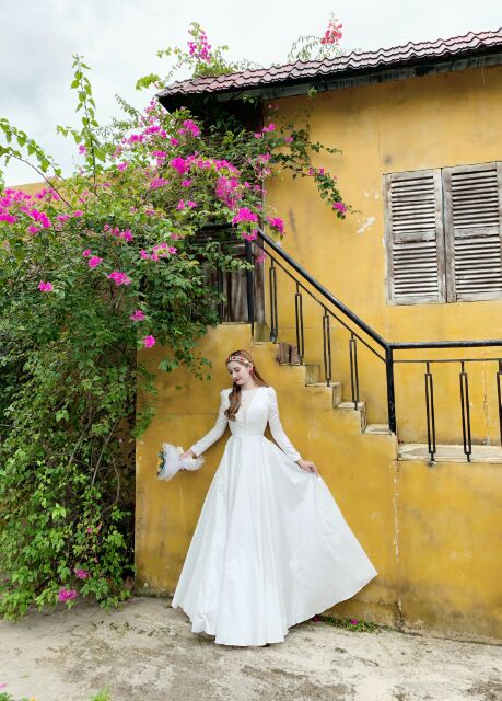 (free chỉnh sửa váy) có Size to dạ hội cưới phi trắng tay dài xẻ tà váy cưới cô dâu trắng chụp hình cưới Hàn Quốc | BigBuy360 - bigbuy360.vn