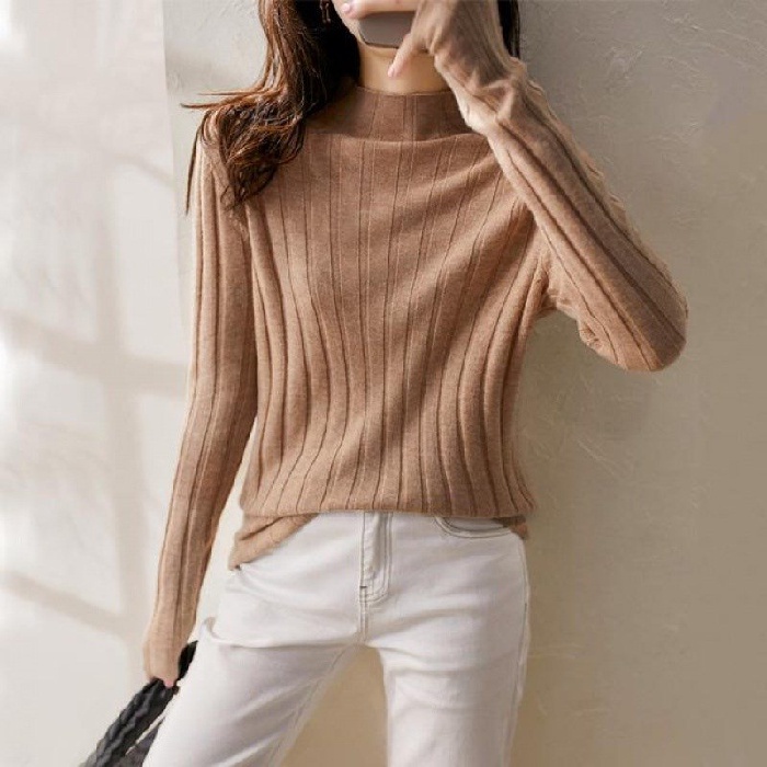 Áo Sweater Dệt Kim Tay Dài Cổ Lọ Dễ Phối Đồ Cho Nữ