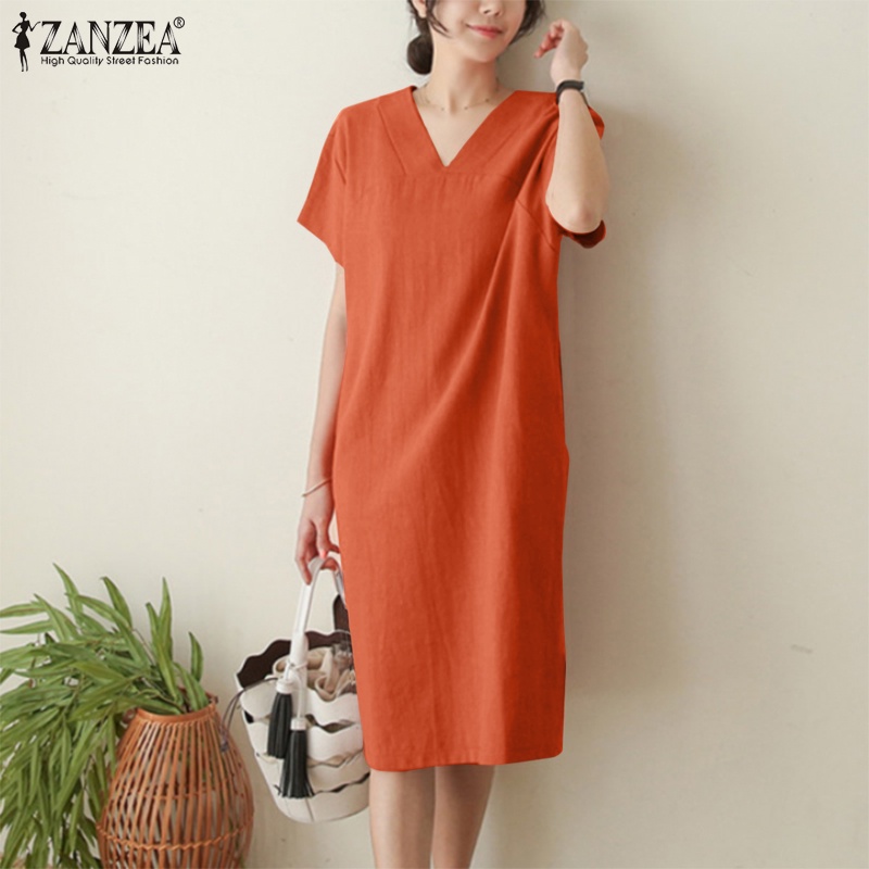 Đầm midi Zanzea tay ngắn cổ chữ v màu trơn phong cách vintage thời trang cho nữ