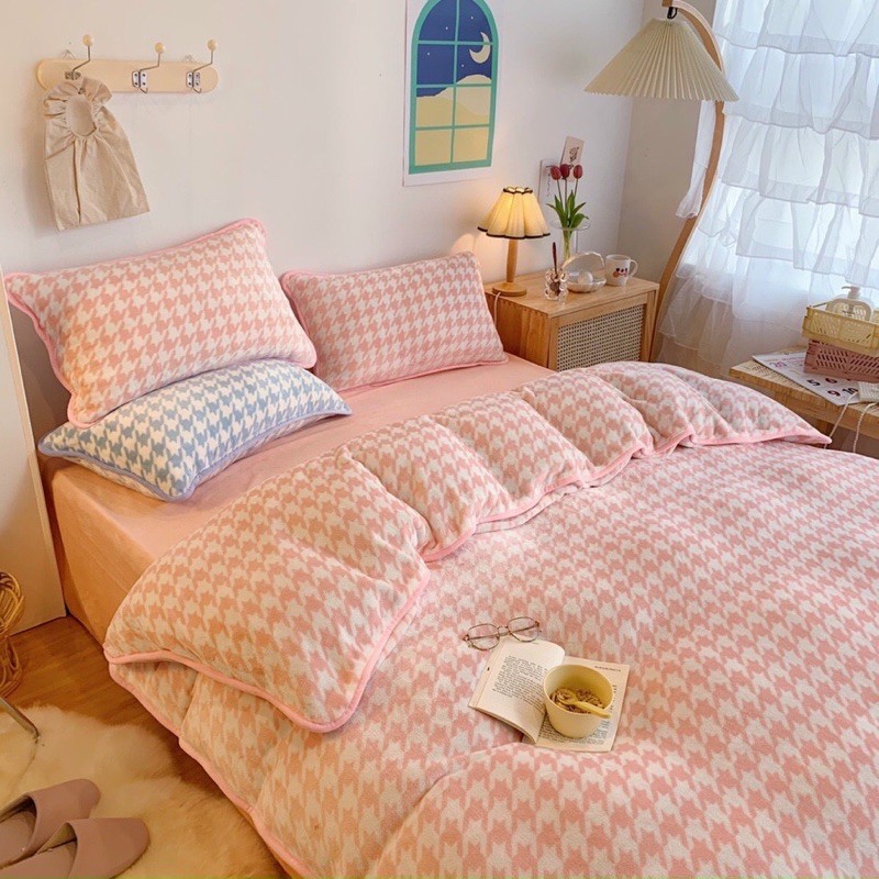 Bộ chăn ga gối nỉ nhung tuyết sữa chấm bi họa tiết nhỏ - Set vỏ 4 món cho mùa đông - hàng loại 1- may ga theo yêu cầu