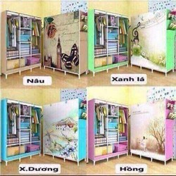 TỦ vải đựng quần áo 3 buồng 8 ngăn khung sắt
